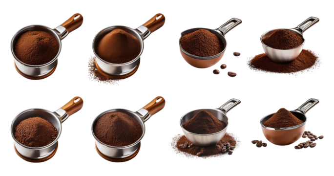 Variety of Coffee Grounds in Measuring Cups on White Background, PNG bundle collection, Isolated on Transparent Background