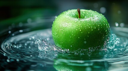 A juicy green apple, its vibrant hue glistening, plunges headfirst into a crystal-clear pool, creating ripples that cascade outwards, capturing the moment of impact in a side view that reveals the