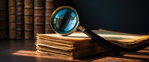 Old book and magnifying glass on a dark background representing knowledge and science.