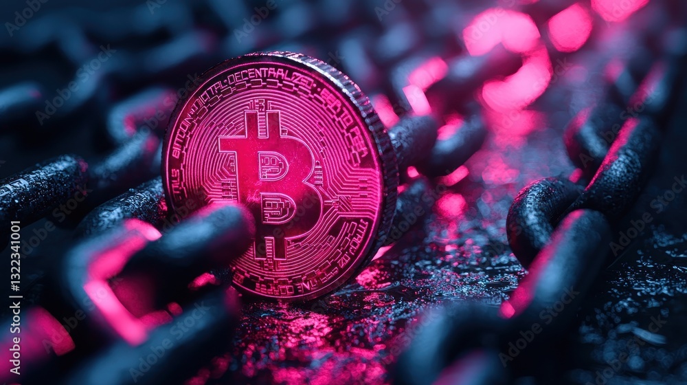 Poster bitcoin cryptocurrency coin on a chain, symbolizing blockchain technology.