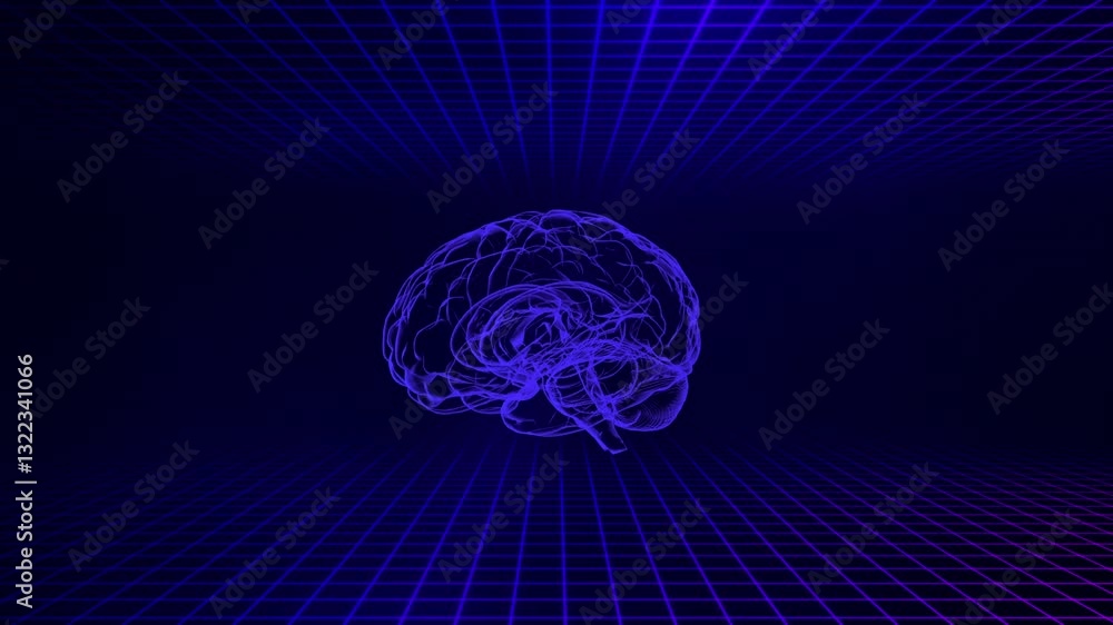 Aufkleber rotating wireframe brain in cyberspace grid.