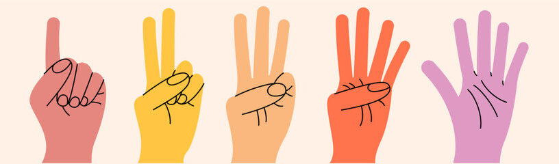 Set of hand gestures in various positions. Color trendy vector illustration. Index, middle, ring, little fingers and thumb