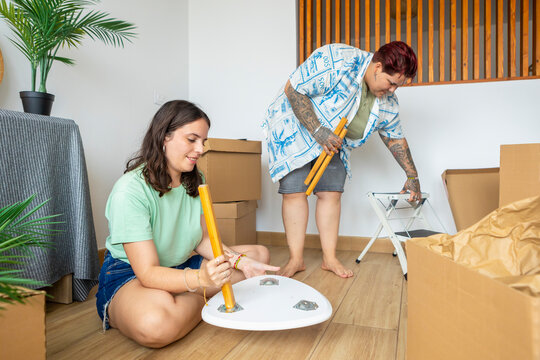 Lesbian friends assemble furniture during a home move with teamwork