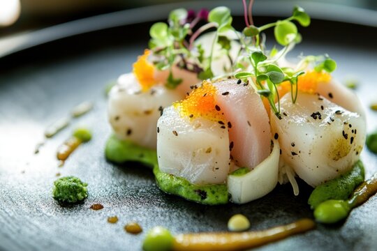 elegant gourmet dish featuring fresh sashimi with vibrant microgreens and orange roe atop creamy green sauce. fine dining seafood cuisine. food photography for culinary presentation.