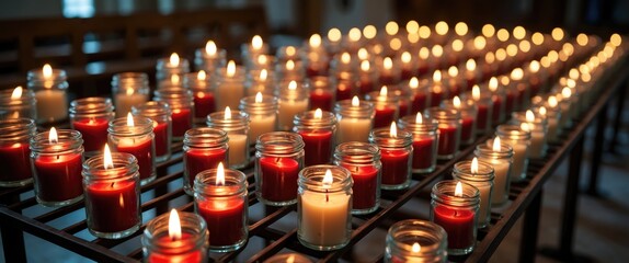 Many burning devotional candles or sacrificial candles in small jars inside a church. The candles are arranged on a dedicated candle holder, with the majority lit.