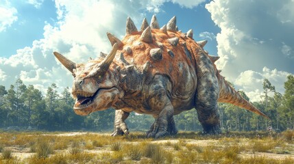 Fototapeta premium A meticulously crafted 3D rendering, capturing the intricate details of a Pachycephalosaurus, its thick skull and bony spikes, against a backdrop of a prehistoric savanna, offering a glimpse into the