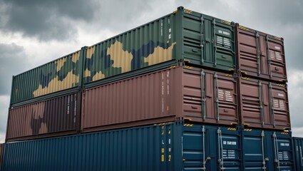 Fototapeta premium Military shipping containers hold weapons or specialized stacked cargo containers. Army logistic warfare armor concept.