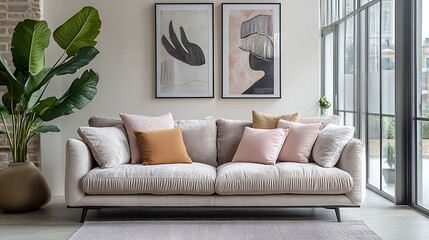 Beige Sofa Decorated With Pink And Orange Pillows In Modern Living Room