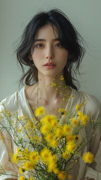 Asian woman in pastel dress holding bouquet of flowers