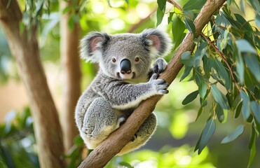Naklejka premium A Cute Baby Koala Hanging From A Eucalyptus Tree Branch Surrounded By Lush Green Leaves Perfect For Wildlife Conservation Nature Education and Nature Themed Designs for Marketing Campaigns
