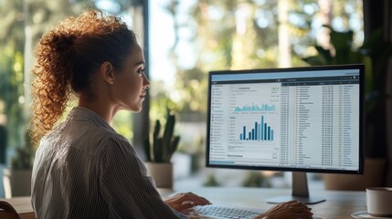 Focused Woman Analyzing Data on Computer Screen