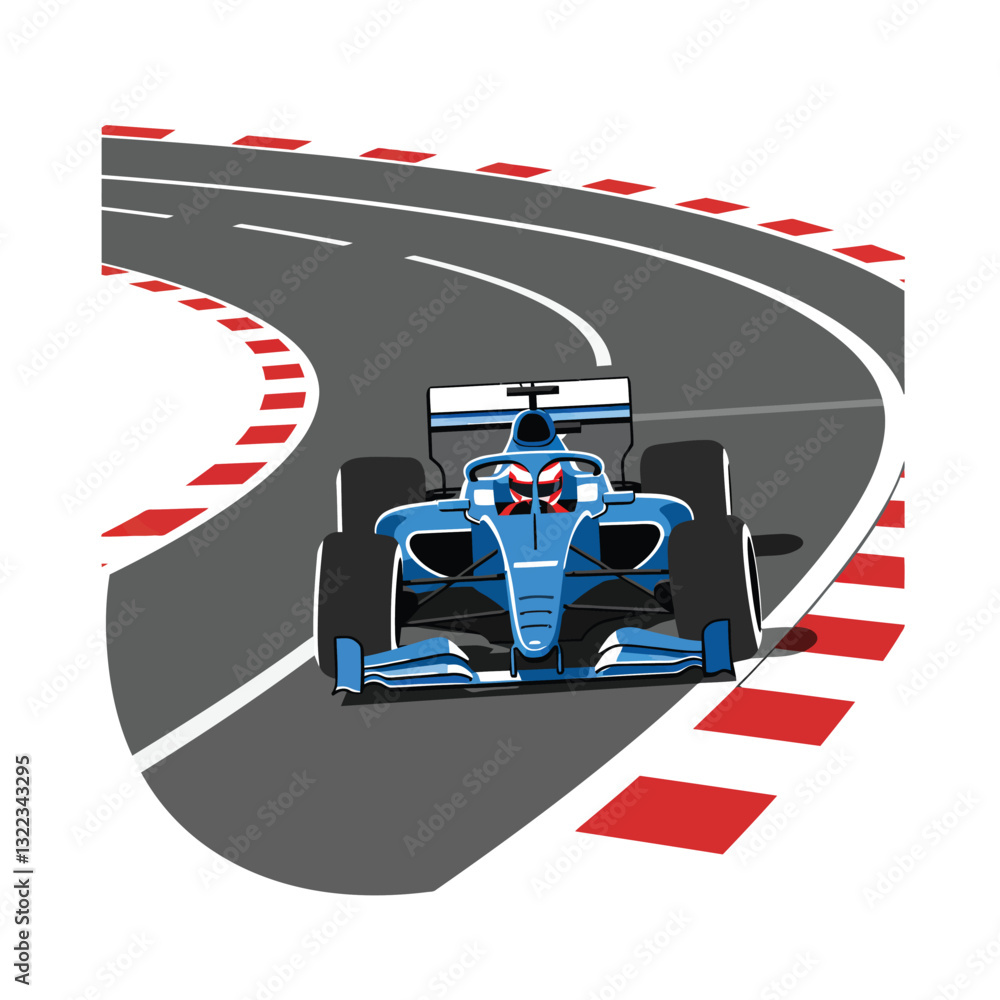 Poster Racing car navigating a sharp curve in a flat design vector illustration