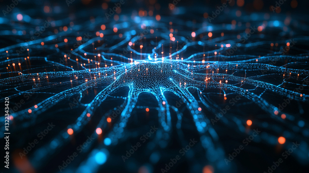 Poster abstract neural network digital art blue orange glowing connections technology background ai web dat