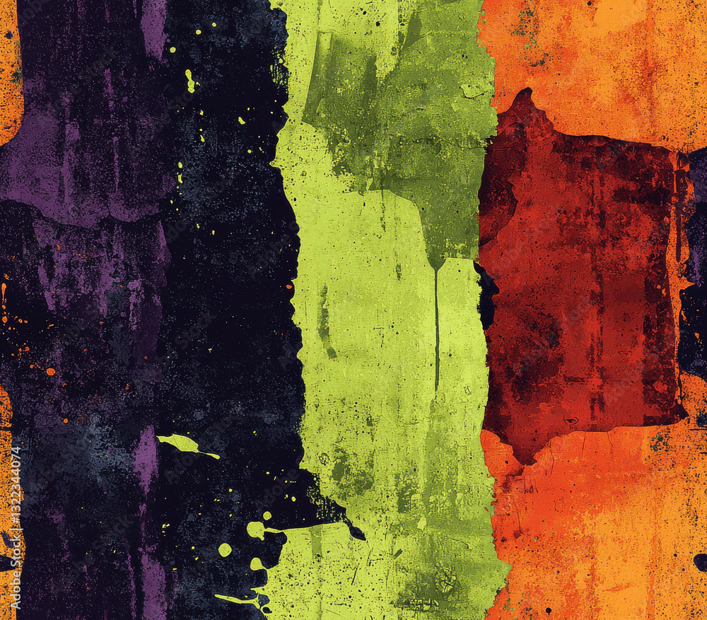 Poster vibrant abstract painting with bold colors and textured layers, seamless pattern style.
