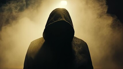 Silhouette of a figure in a dark environment with smoke and dramatic lighting creating a mysterious atmosphere
