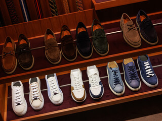 Elegant men's leather shoes on store shelves in mall. Shopping center. Men's clothing store.