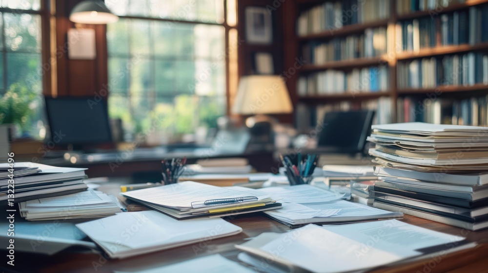 Poster papers and documents on a cluttered desk in a study.
