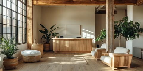 Modern light filled reception area with wooden furniture and plants