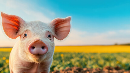Fototapeta premium Pig farm, Cute piglet in a sunny field with vibrant flowers.