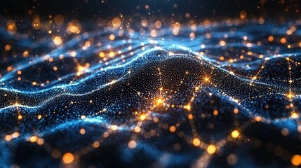 Abstract blue and gold glowing particle wave background.