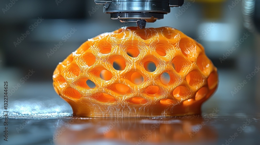 Poster 3d printer creating orange honeycomb lattice structure.