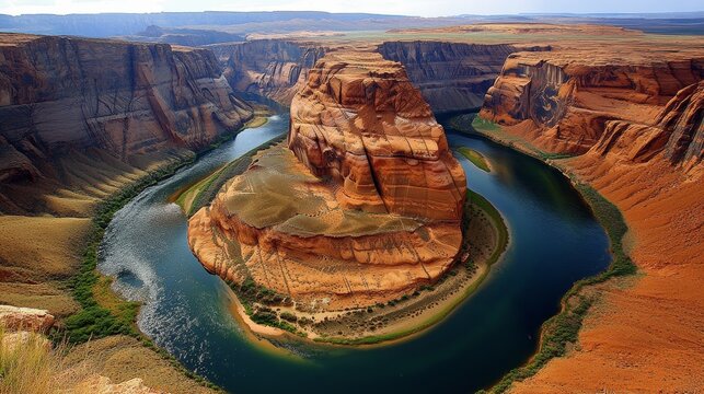 Horseshoe bend and colorado river flowing through arizona desert landscape