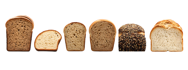 Variety of whole grain and white bread slices cut out png on transparent background