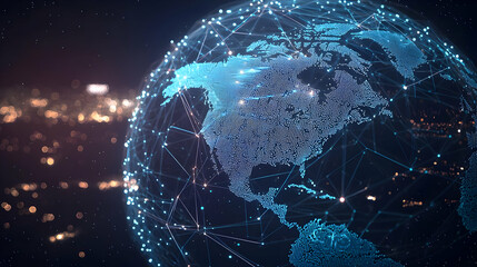 Digital Globe With Blue Network Connections And Pixels Highlighting North America On Dark Background With Orange City Lights Abstract Technology