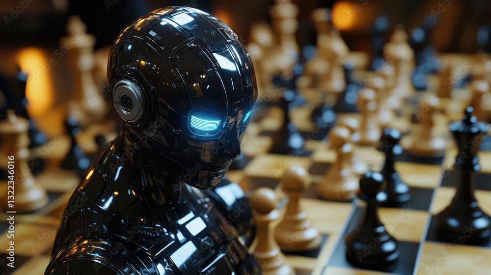 Poster ai robot playing chess, futuristic game.