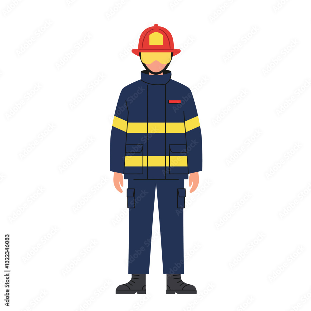 Poster firefighter character design in flat style showcasing uniform and equipment vector art