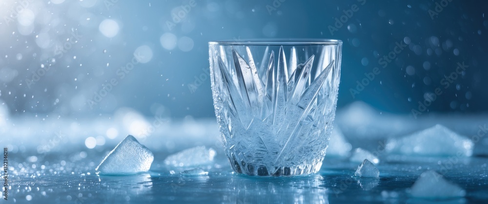 Poster cool winter abstract ice glass, natural ice background with frost. patterns of ice on glass. beautif