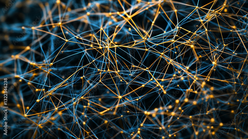 Poster abstract network digital connection golden blue lines nodes web art data mesh design modern future