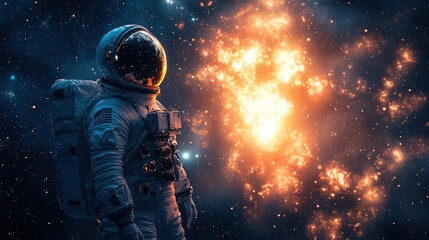 Astronaut in space observing a cosmic explosion.