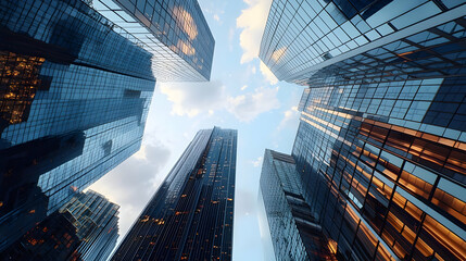 Low Angle View Of Pixelated Skyscrapers Against Cloudy Sky In A Futuristic City During Daytime