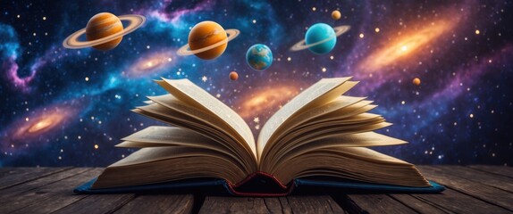Magic book featuring planets and galaxies.