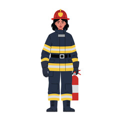 Fototapeta premium Female firefighter in protective gear with fire extinguisher in flat vector art