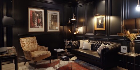 A cozy living room with dark walls and elegant furniture