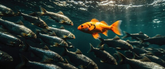 One fish stands out in color among the others. All fish surround a unique golden fish in the center.