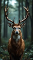 Fototapeta premium A proud deer with large antlers standing majestically in a foggy forest, gazing directly at the camera, creating a captivating and serene wildlife scene in the tranquil woods