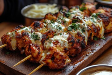 Savory kebabs served on a sizzling platter with side dishes in a cozy restaurant setting