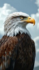 Obraz premium Close-up of a majestic bald eagle staring intensely with piercing eyes, its white head and brown feathers contrasting against a cloudy sky, creating a powerful image of wildlife
