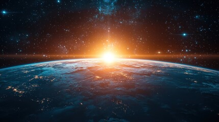 Obraz premium Sunrise over Earth from space, showing city lights and stars.
