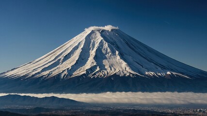 Traditional Japanese gardens with a picturesque view of mount Fujiyama’s snow-capped summit