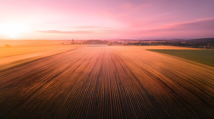 Naklejka premium Stunning sunset over a large golden wheat field on a summer day, the sun colors everything in orange-pink colors. Harvest time in the countryside. Wheat harvest. Farming.
