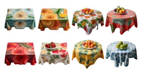 Colorful Tablecloths with Fruit Displays in Summer Vibes, PNG bundle collection, Isolated on Transparent Background