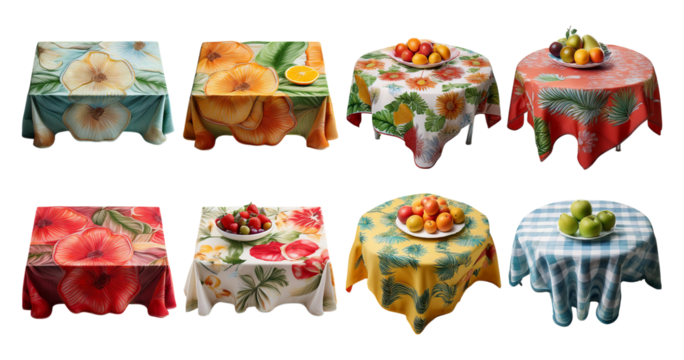 Colorful Tablecloths with Fruit Displays in Summer Vibes, PNG bundle collection, Isolated on Transparent Background