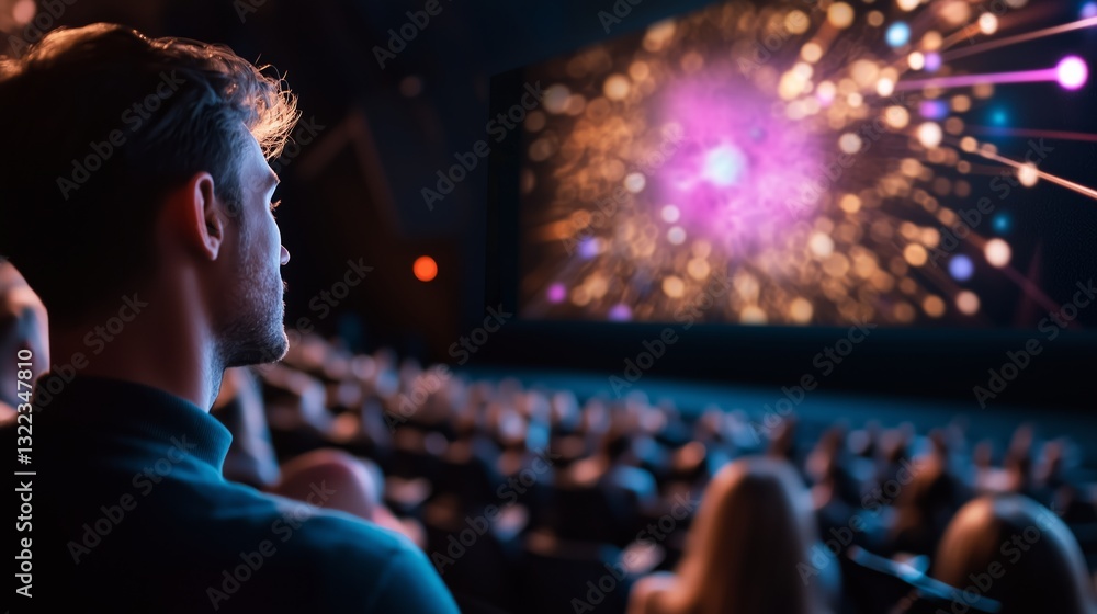 Poster audience engaged in a captivating visual presentation during an evening event at a theater