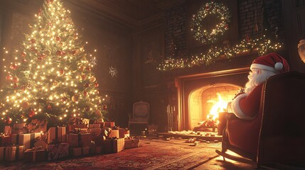 Santa Claus rests by a fireplace near a Christmas tree