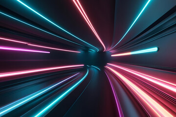 Cyber Tunnel: A mesmerizing journey through a digital tunnel, illuminated by vibrant neon lights that streak through the darkness, creating a dynamic sense of speed and futuristic movement.