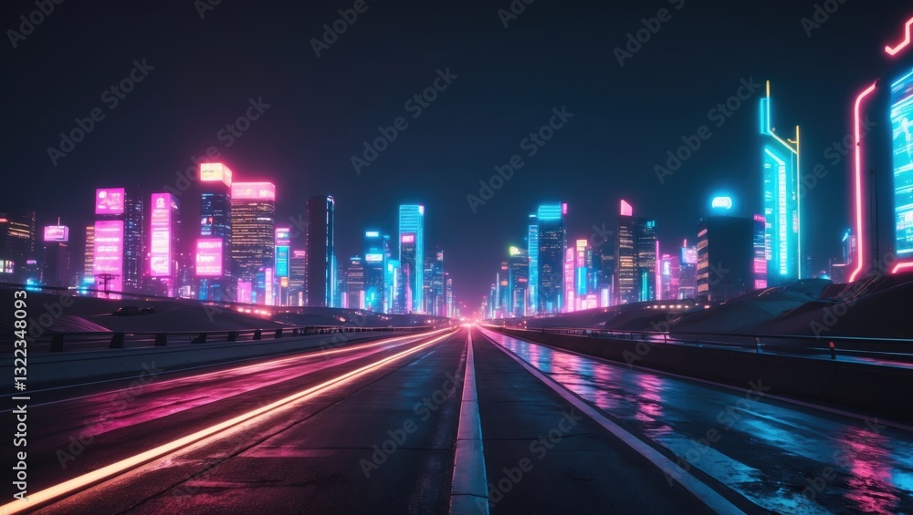 Poster night city of the future. against a dark background, a city skyline with brilliant and pulsating neo